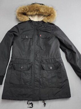 Levi's Women's Size M Black Faux Fur Hood Sherpa Lined Parka Winter Jacket